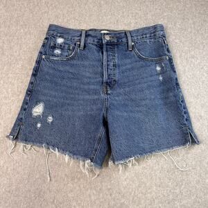Pac-Sun Jean Shorts High Rise Relaxed WMN 26 Med Wash Distressed Raw Hem Denim